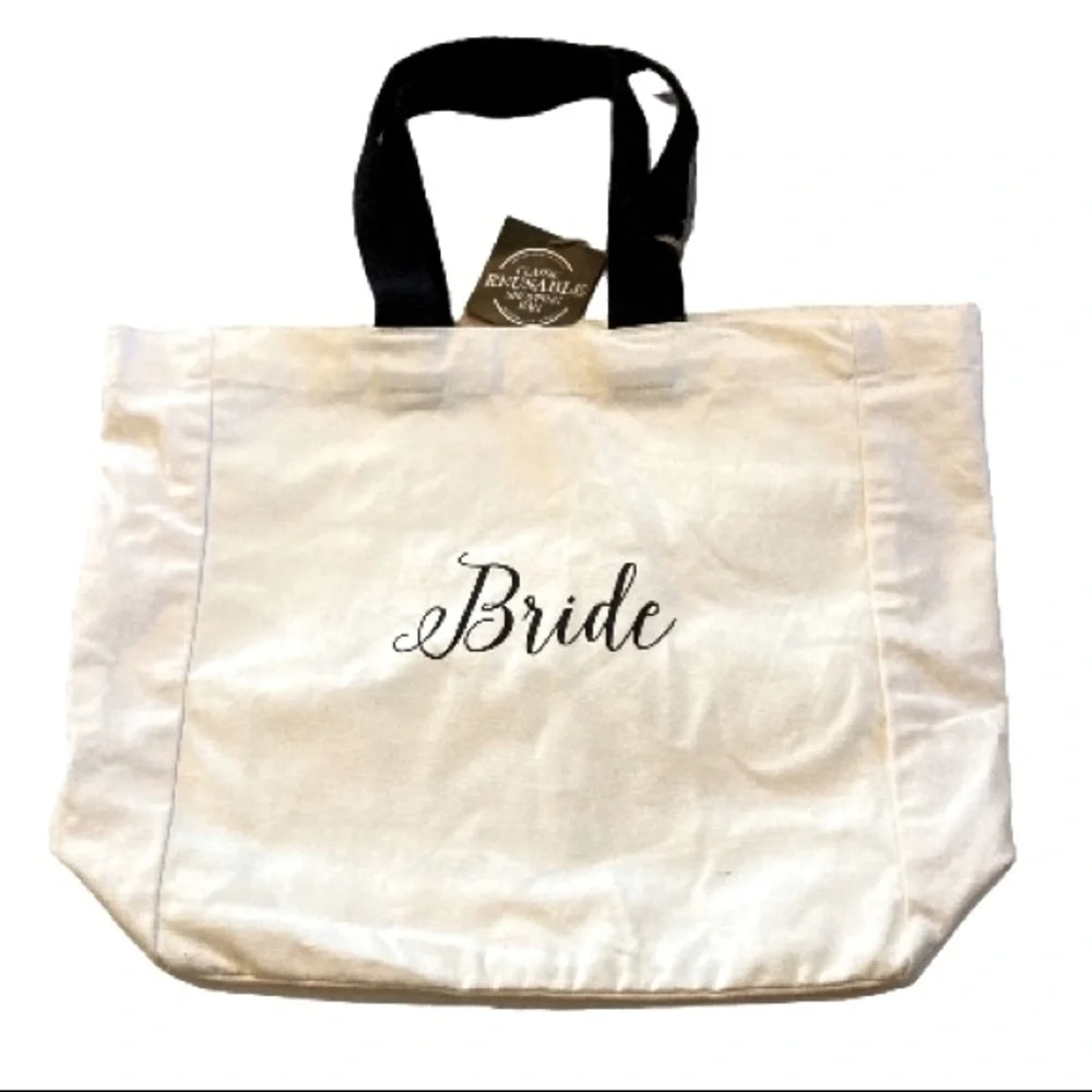BRIDE Canvas Tote Bag White with Black Straps and Detail Size Large 16 x 15 in